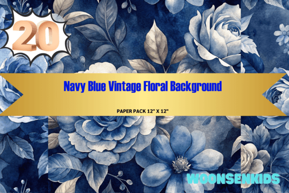 20 Navy Blue Vintage Floral Background Watercolor PNG KDP Digital Paper: A Curated Resource for Timeless Visual Storytelling