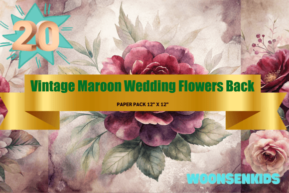 20 Vintage Maroon Wedding Flowers Background Watercolor PNG KDP Digital Paper
