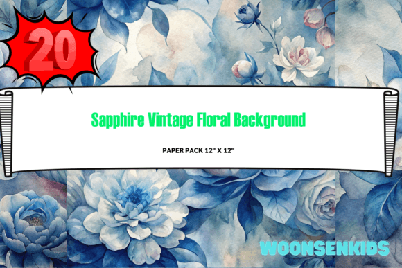 New Sapphire Vintage Floral Background Watercolor PNG KDP Digital Paper